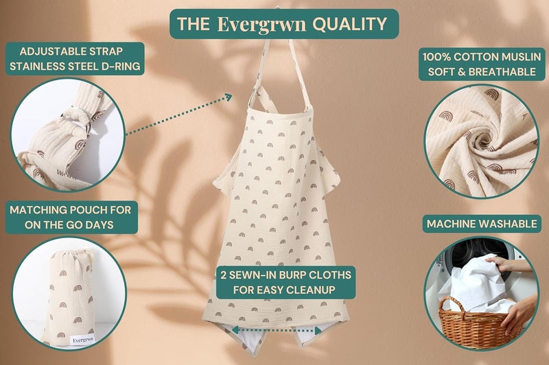 Evergrwn Superior Design Multi-use Privacy Nursing Cover Up for Breastfeeding, 100% Cotton Breathable Nursing Cover with Arch Neckline, Muslin Breastfeeding Cover, Baby Essentials (Rainbow Beige) - Image 3